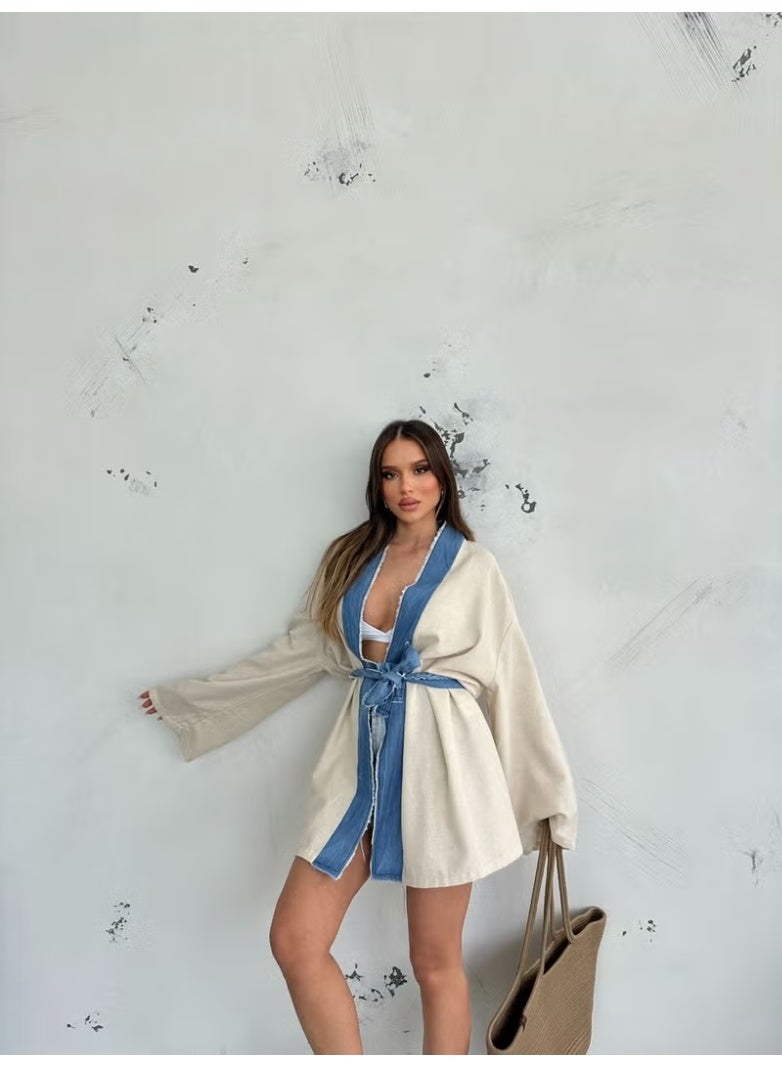 Ded Collection Women's Denim Detailed Linen Summer Kimono with Waist Tie - Image 3